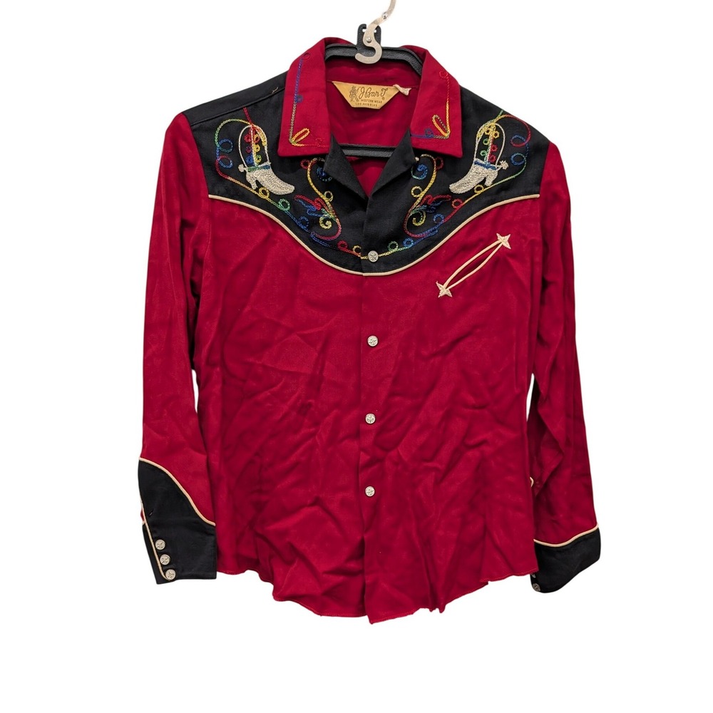 Vintage H Bar C Western Wear Shirt Red Black Embroidered Cowboy Boot Snaps- S